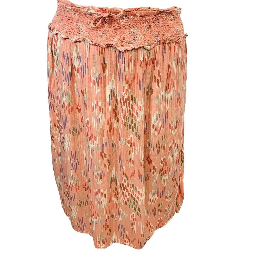 Knox Rose Long Skirt 3X Elastic Waist Orange Print Midi Maxi Light Rayon A Line
